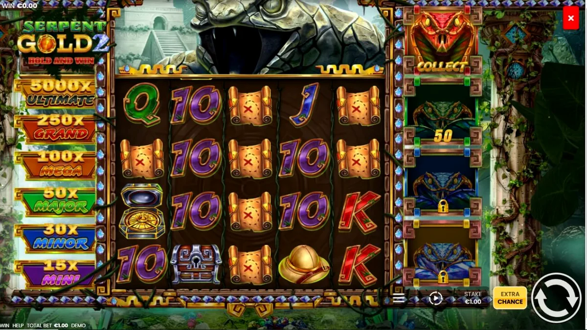 Interface do jogo Serpent Gold 2: Hold and Win com tema de selva