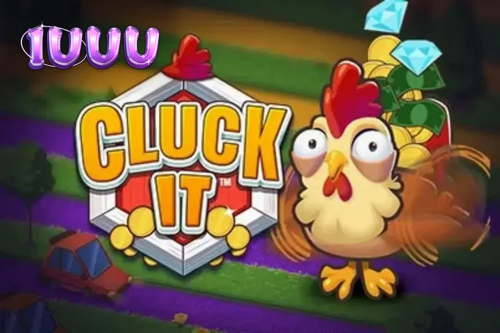 Interface do jogo Cluck It com a galinha protagonista no cenário da fazenda